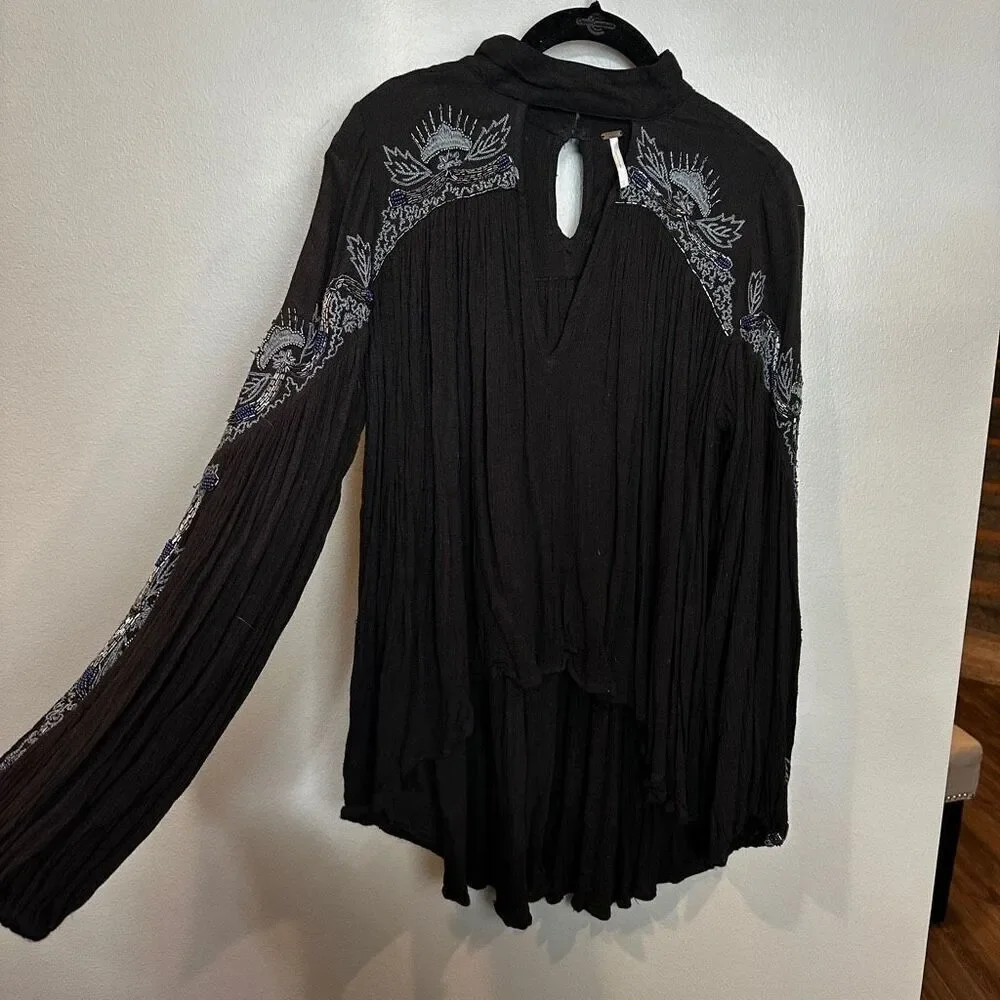 Free People XS Black Embellished Cutout Blouse